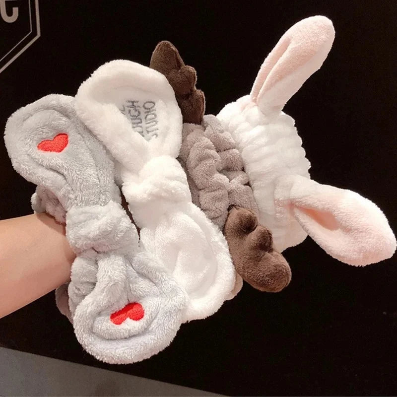 Cute Red Horns Elastic Hairbands for Women Wash Face Sport Soft Plush Rabbit Ears Hea lifestyle view