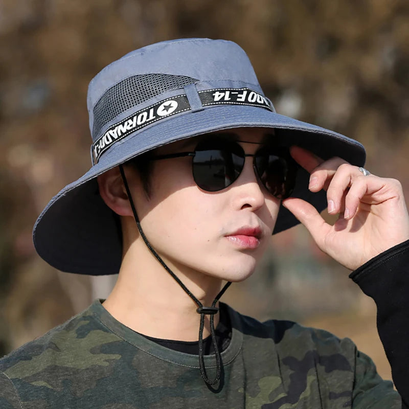 Windproof Men Outdoor Hat | Wide Brim Flat Top Fisherman Hat with Letter Print and An alternate view