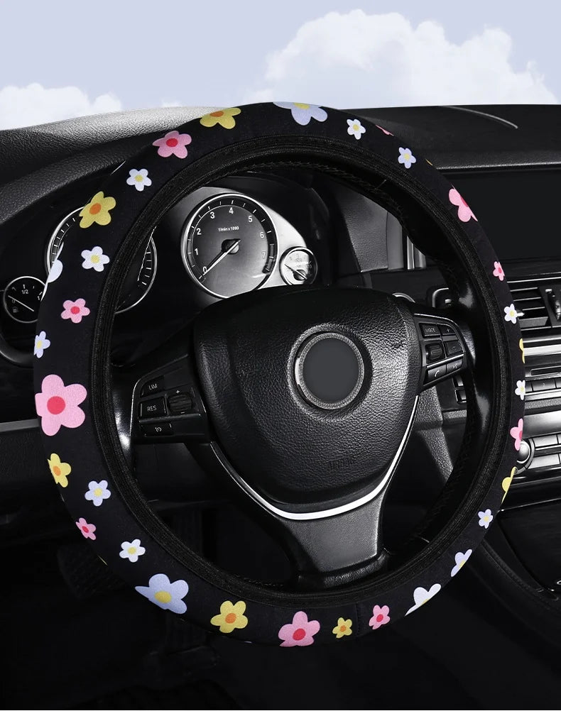 Flannelette Steering Wheel Cover Floral Print Anti-Slip lifestyle view