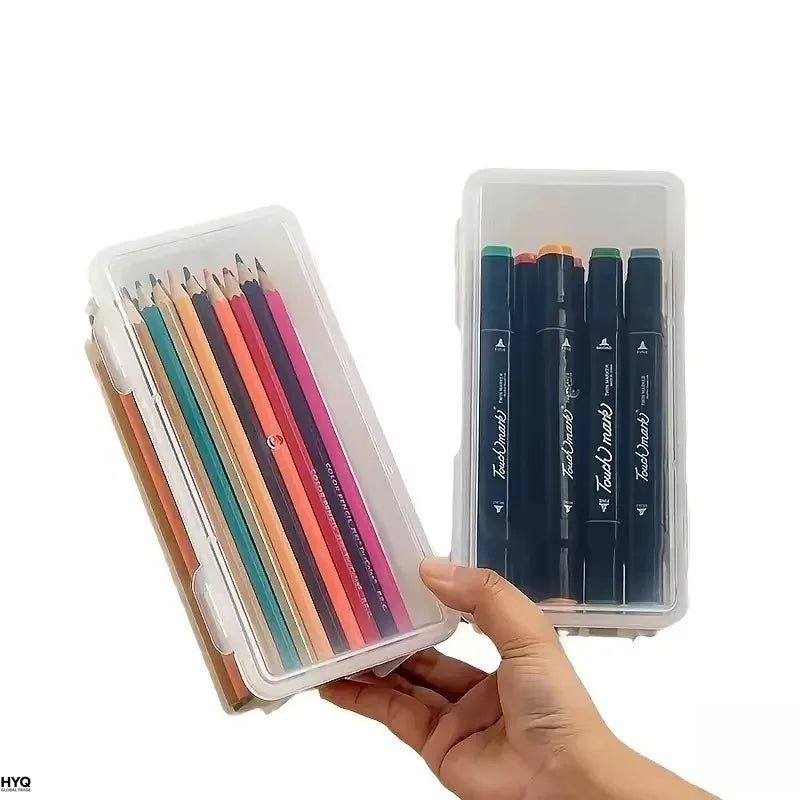 transparent PP storage boxes with lids, used for storing office supplies, pencils, and crafts