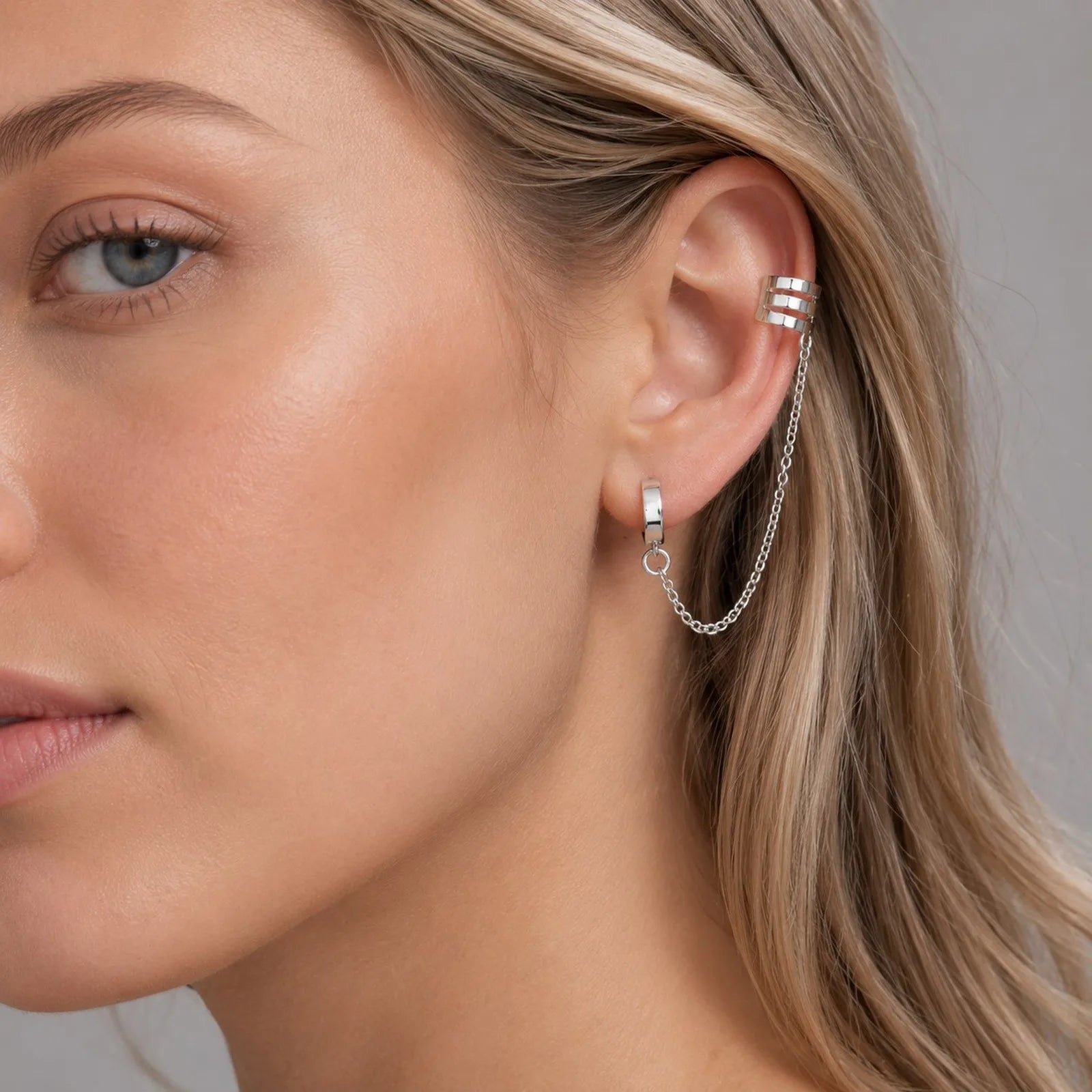 1pc Clip Earrings with Chain Stainless Steel for Women Men Punk Tassel Hoop Ear Cuf additional angle