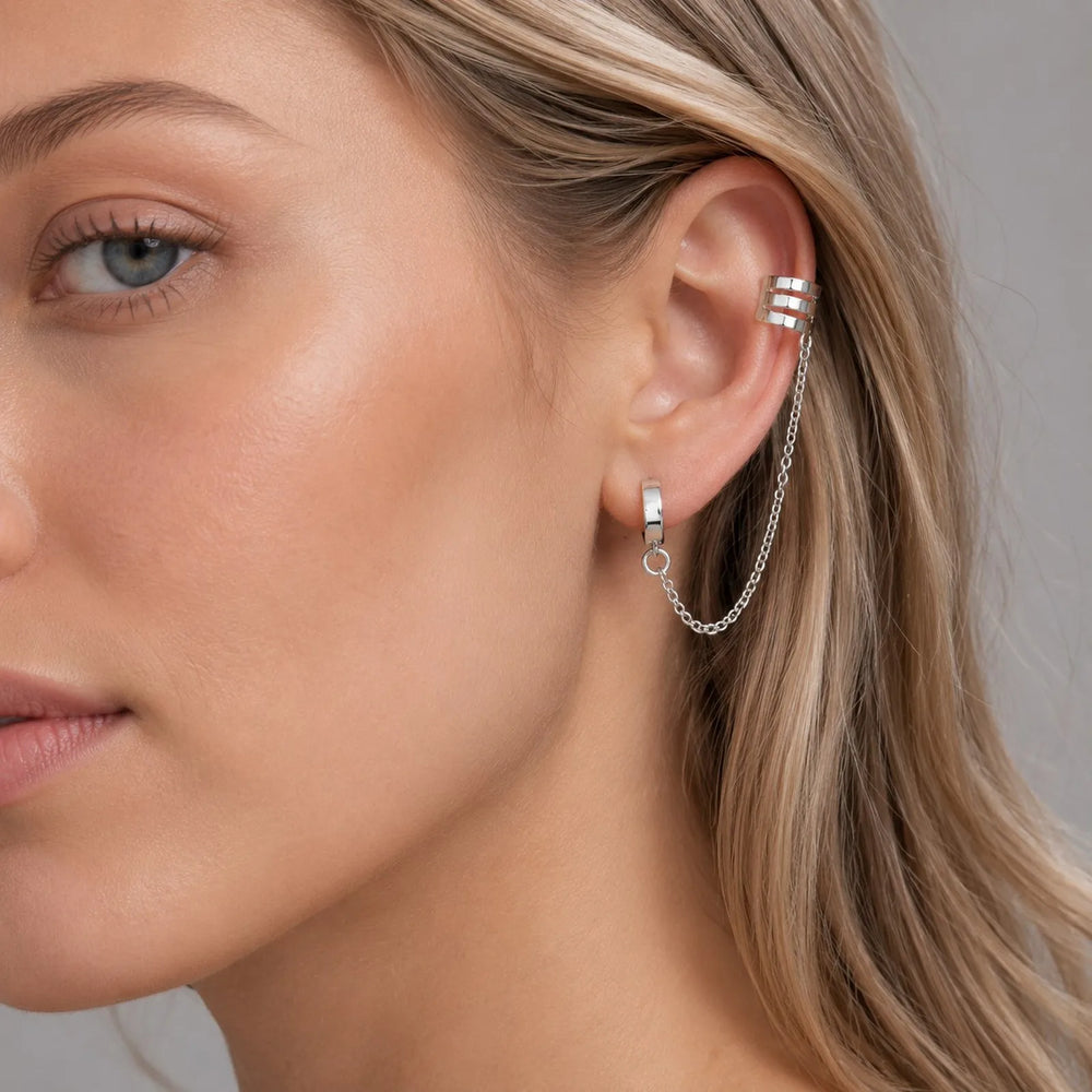 1pc Clip Earrings with Chain Stainless Steel for Women Men Punk Tassel Hoop Ear Cuf additional angle