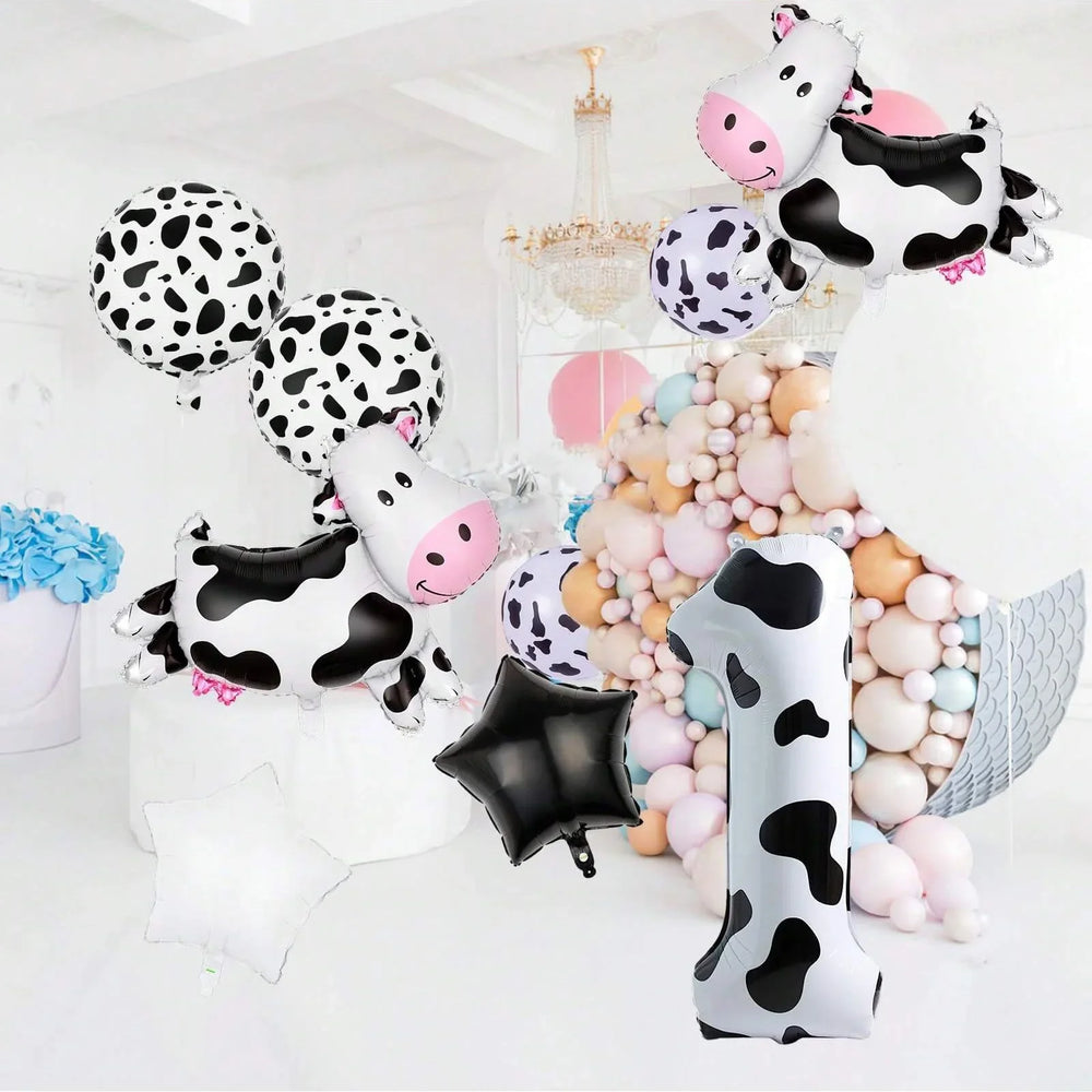 7pcs Cow Print Number Balloon Set | Farm Animal Birthday Party Decoration additional angle