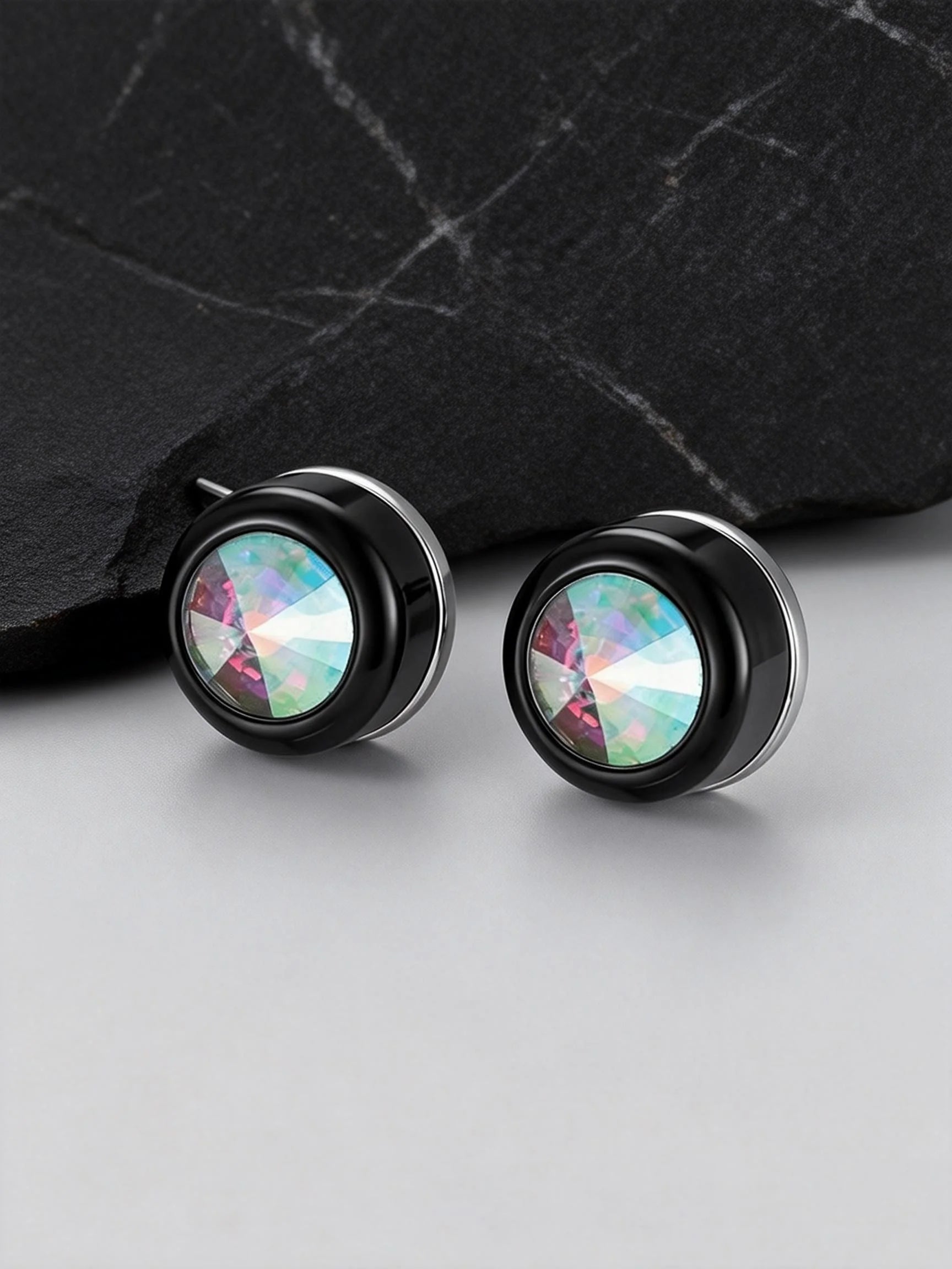 Magnetic Zircon Stud Earrings for Men,8mm Hypoallergenic Stainless Steel Non-Pierced C close-up view