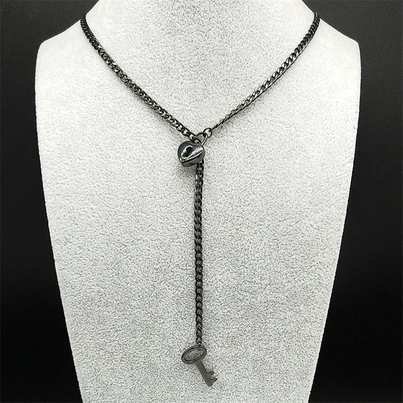 Heart O-ring Long Chain For Women Men Punk Rock Necklace Stainless Steel Key lock Neck close-up view