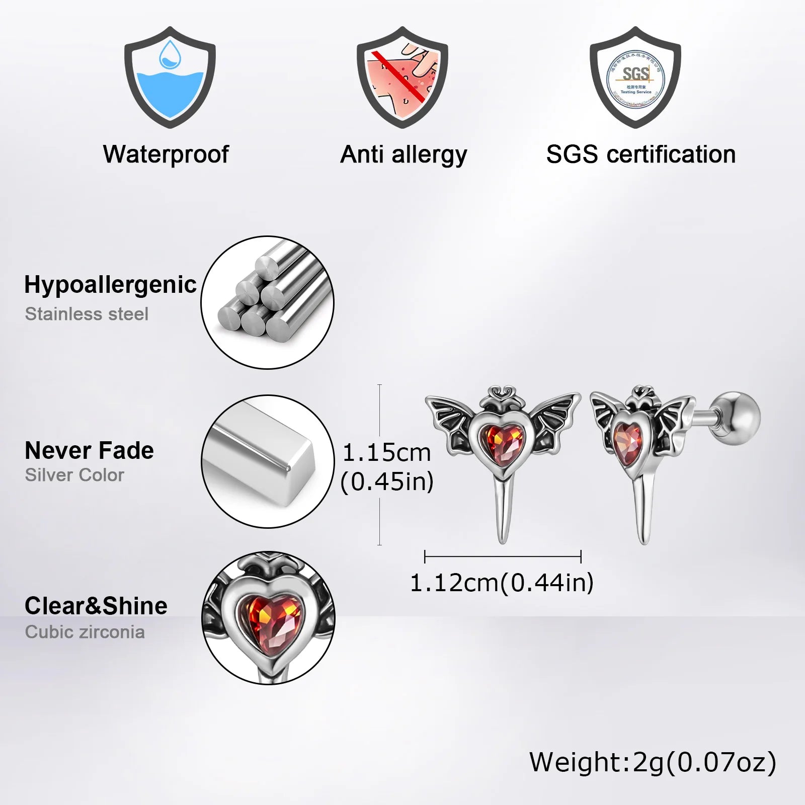 Gothic Wings Stud Earrings for Men Women,Vintage Stainless Steel Heart Zircon Sword St close-up view