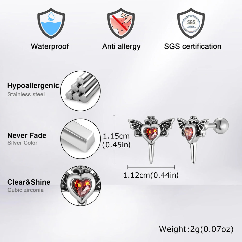 Gothic Wings Stud Earrings for Men Women,Vintage Stainless Steel Heart Zircon Sword St close-up view