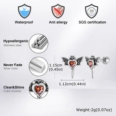 Gothic Wings Stud Earrings for Men Women,Vintage Stainless Steel Heart Zircon Sword St close-up view