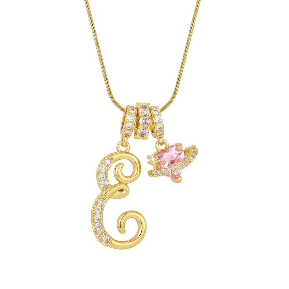 Fashion Letter Necklace for Women Pink Zircon Heart-shaped Pendant Suitable for Gir additional angle