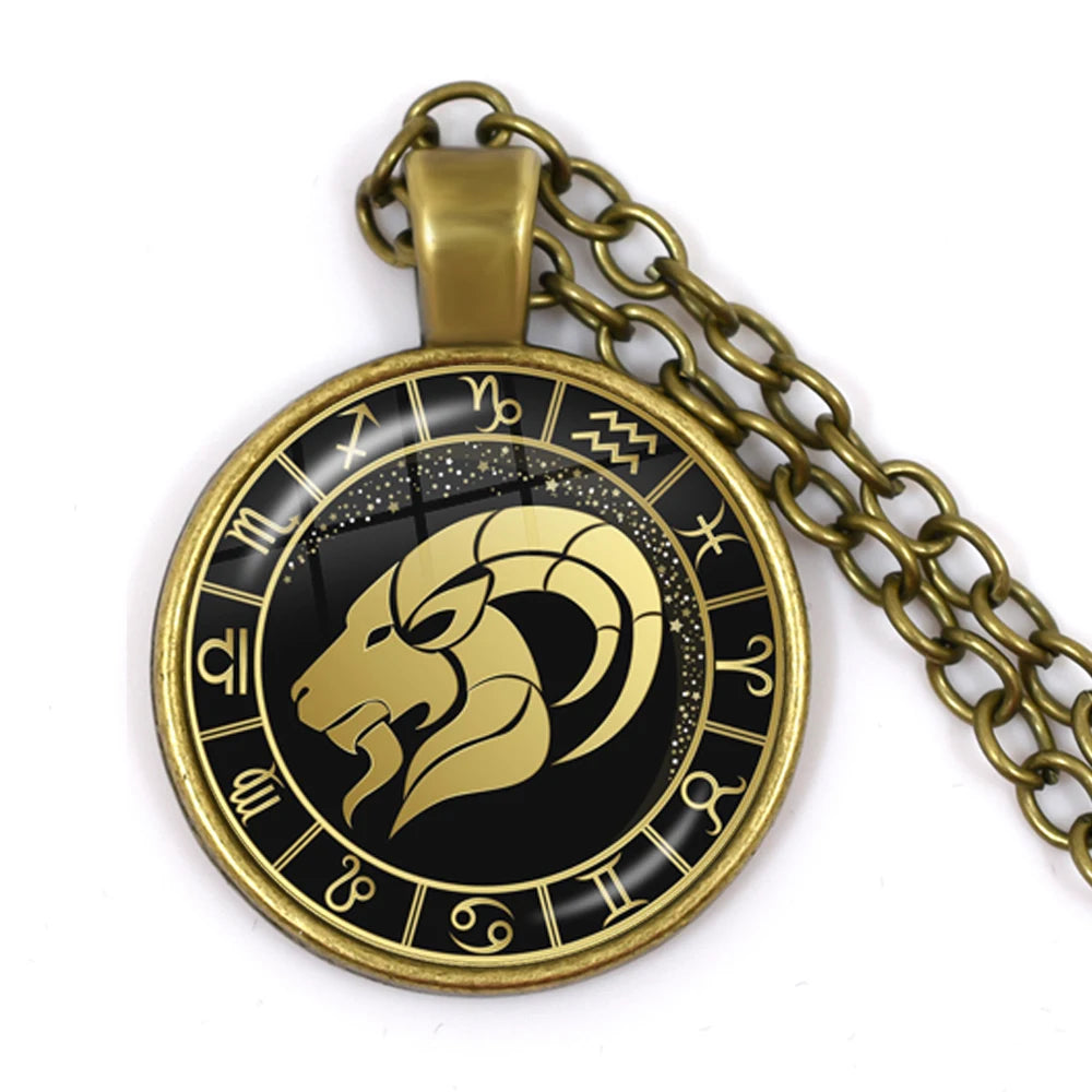 12 Constellation Zodiac Pendant Necklace | Antique Bronze Glass Dome Jewelry lifestyle view