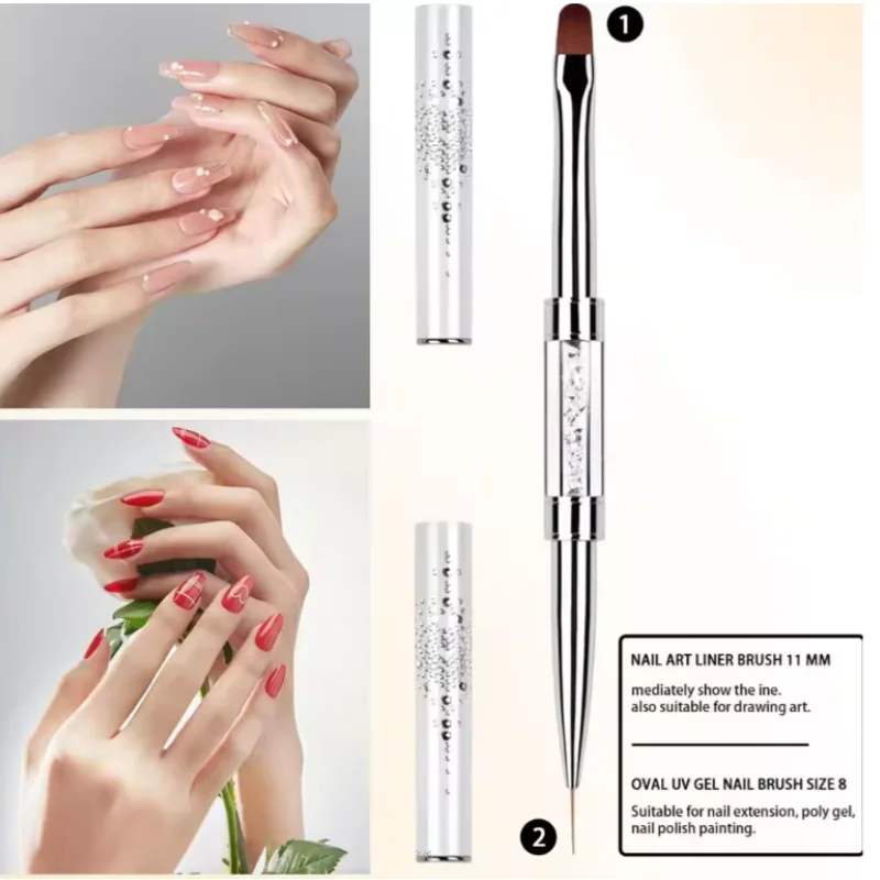 Pro Dual-Ended Builder Gel Nail Brush W/Rhinestone Handle - For French Tip, Polish Ge alternate view