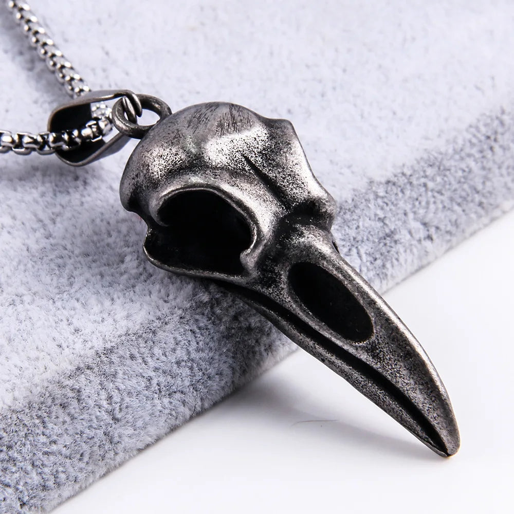 Viking Crow Skull Pendant Necklace | Stainless Steel Punk Jewelry for Men and Women close-up view
