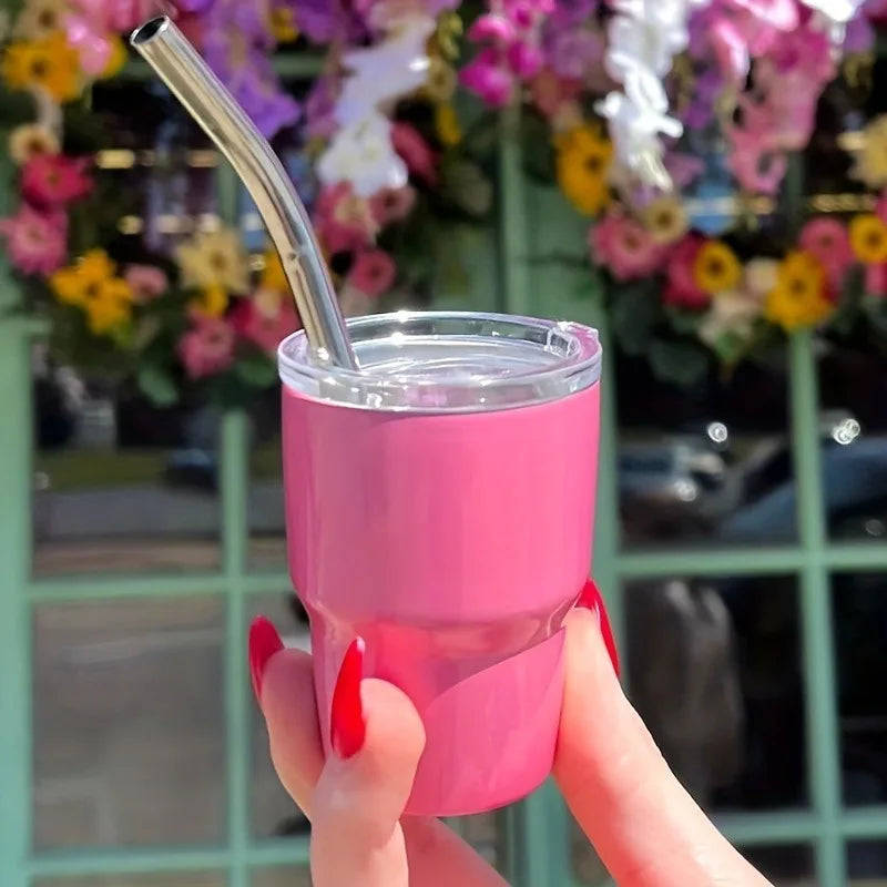 1pc60ml/2oz Durable Stainless Steel Mini Cups – Portable & Leak-Proof with Straw – Ide close-up view