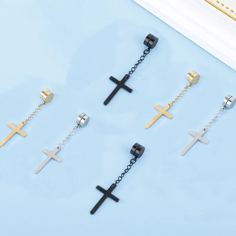 Punk Mens Strong Magnet Magnetic Cross Ear Stud Set Non Piercing Earrings Fake Earr additional angle