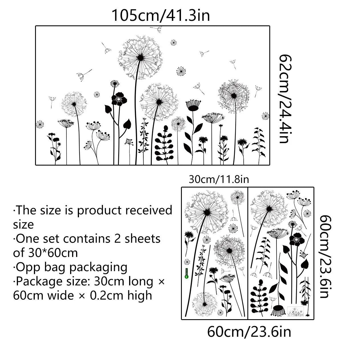 2pcs Dandelion Wall Sticker Set | Self-Adhesive Wall Decor for Bedroom Living Room alternate view