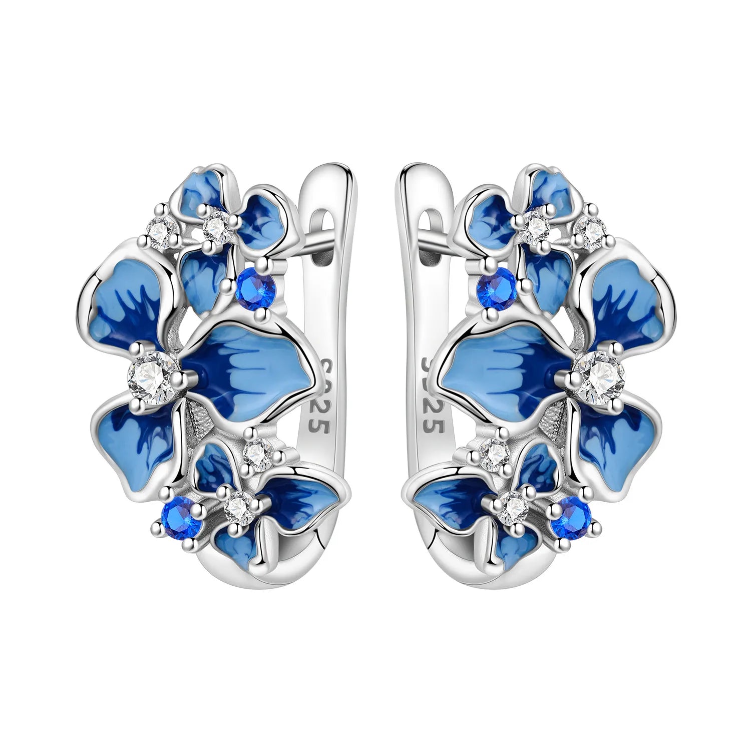 Orstarry Original 925 Sterling Silver Blue Iris Flower Earrings Women Hoop Earring Anniv detail view