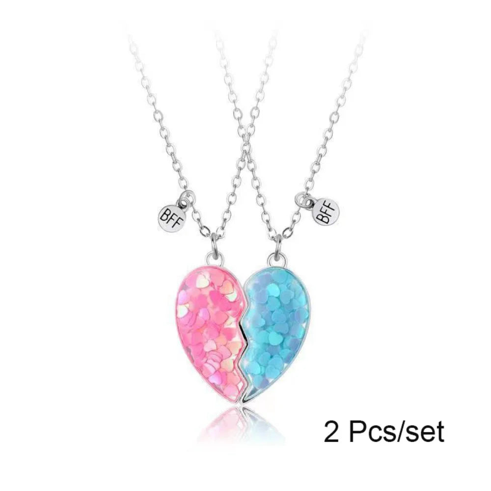 Broken Heart Best Friends Pendant Set | Magnetic Adjustable Lover Necklace for Women close-up view