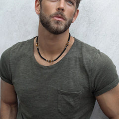 Casual Black Brown Beaded Necklace for Men | Summer Beach Tiger Eye Stone Jewelry close-up view