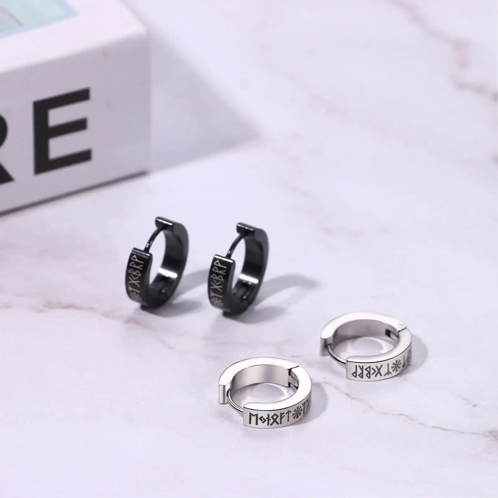1Pc Norse Viking Runes Hoop Earrings for Men Women Stainless Steel Huggie Hoop Earring close-up view