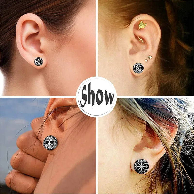 1Pair 18G Viking Rune Round Stud Earrings for Men Women, 316L Stainless Steel Cartilage detail view