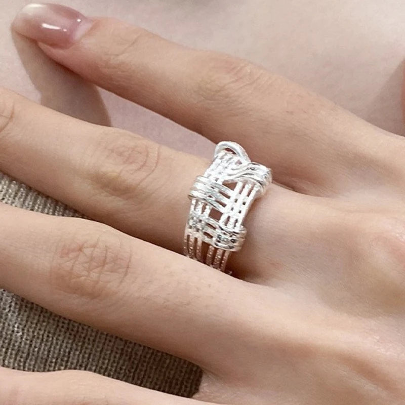 PANJBJ 925 Sterling Silve Multilayer Irregular Geometric Ring for Women Simple Charm Retro Jewelry Gift