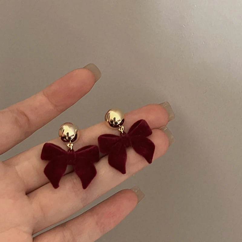 Vintage Black Flocking Bowknot Earrings | Geometric Drop Earrings for Women detail view
