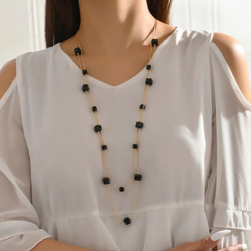 Gold Square Bead Sweater Chain Necklace | Double Layer Glass Pendant Jewelry for Women detail view