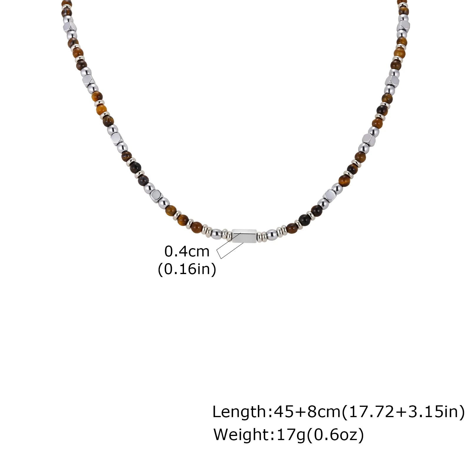 Trendy Men's Natural Stone Beaded Necklace | Classic Stainless Steel Metal Bead Choker detail view