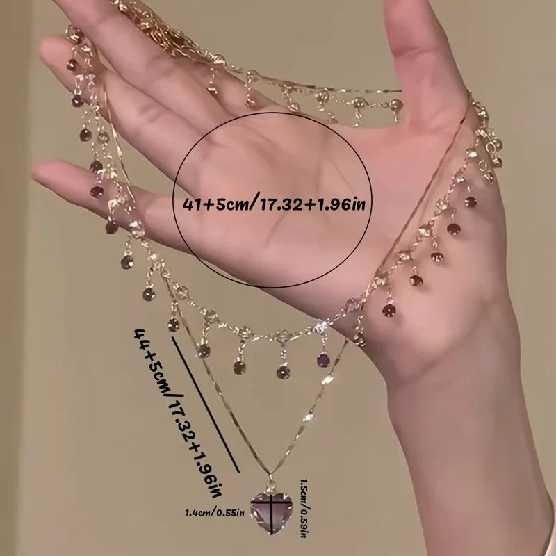 Elegant Women's Double Layer Heart Pendant Necklace | Synthetic Zirconia Collarbone J lifestyle view