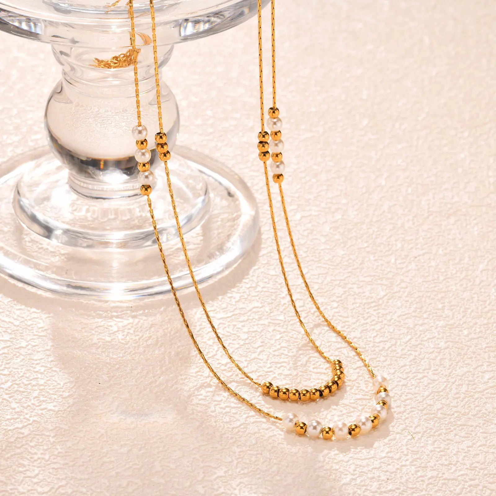 Trend Elegant Imitation Pearl Bead Double Layer Stacking Necklace for Women Stainless lifestyle view