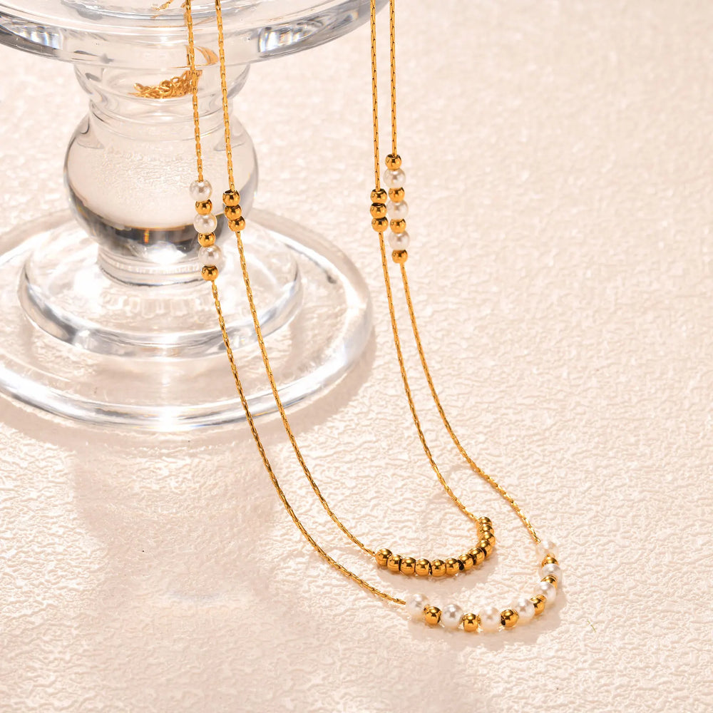 Trend Elegant Imitation Pearl Bead Double Layer Stacking Necklace for Women Stainless lifestyle view