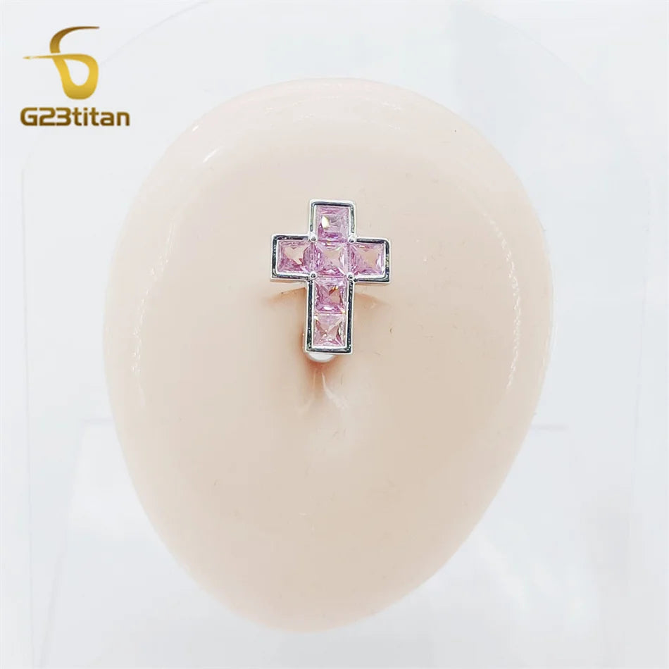1.6mm 14G Titanium Bar Navel Ring Pink Zircon Cross 6-16mm CZ Short alternate view