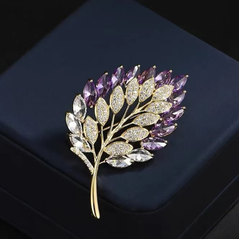 Cute Romantic Colorful Leaf Brooches For Women Purple Crysal Plant Brooch Pin Female Party Birthday Dress Suit Badge Jewelry