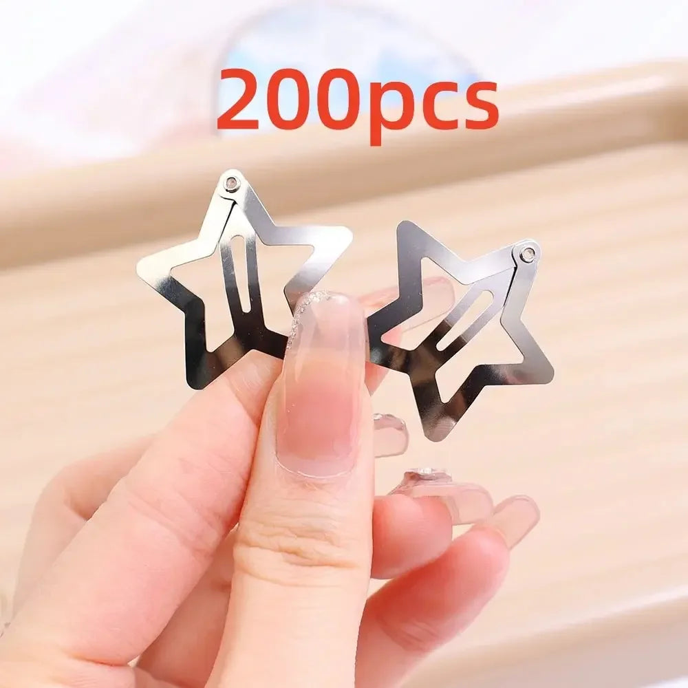 Silver Star Hair Clips Set for Girls - Metal Snap Barrettes with Shiny Jewel Hair Grip close-up view
