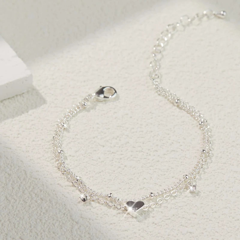 925 Sliver Plated CZ Anklet Bracelets for Women Girl Trendy New Waterproof Heart Charm close-up view