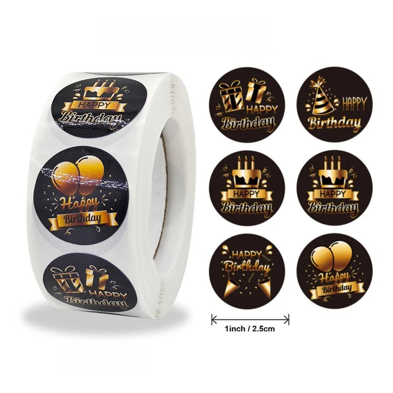 100-500pcs Black Gold Happy Birthday Stickers | Round Party Stickers for Gift Bags and C detail view