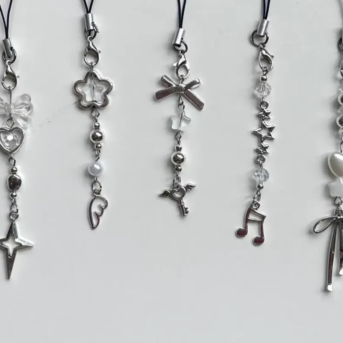 Acubi Y2K Phone Charms, Chrome Dainty Phone Accessories, Handmade Beaded Keychain, Cyb close-up view
