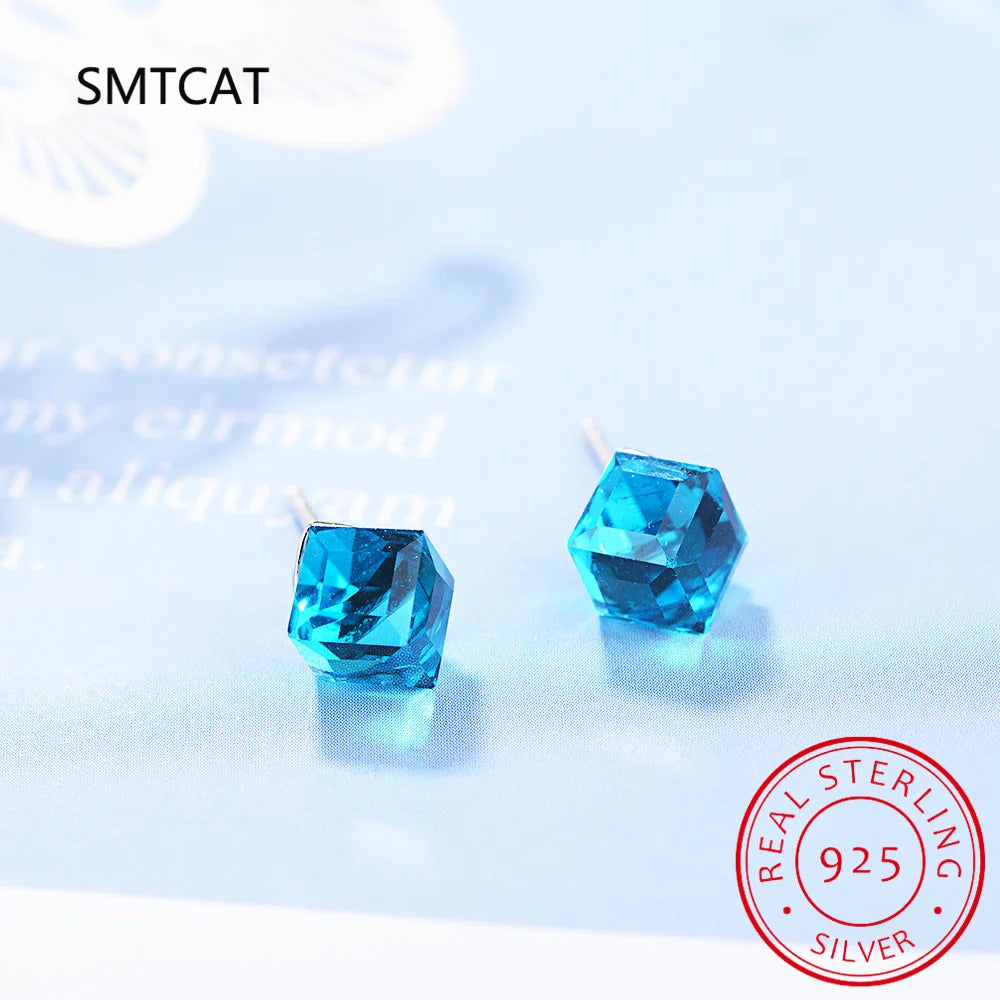 Cube 1.2ct Natural Sky Blue Topaz 925 Sterling Silver Geometric Stud Earrings for Women Fashion Gems