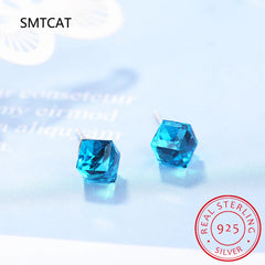 Cube 1.2ct Natural Sky Blue Topaz 925 Sterling Silver Geometric Stud Earrings for Women Fashion Gems