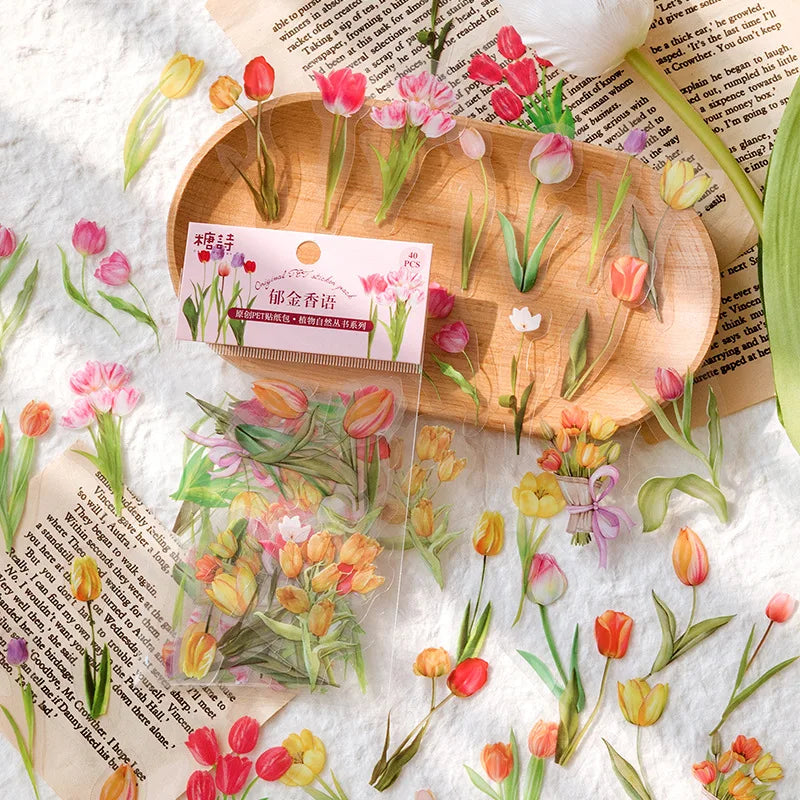 40 Pcs/set Plant Flower Stickers Decorative Green Leaves Retro Plant Manual Scrapbook DIY Label Diary Stationery Album Crafts