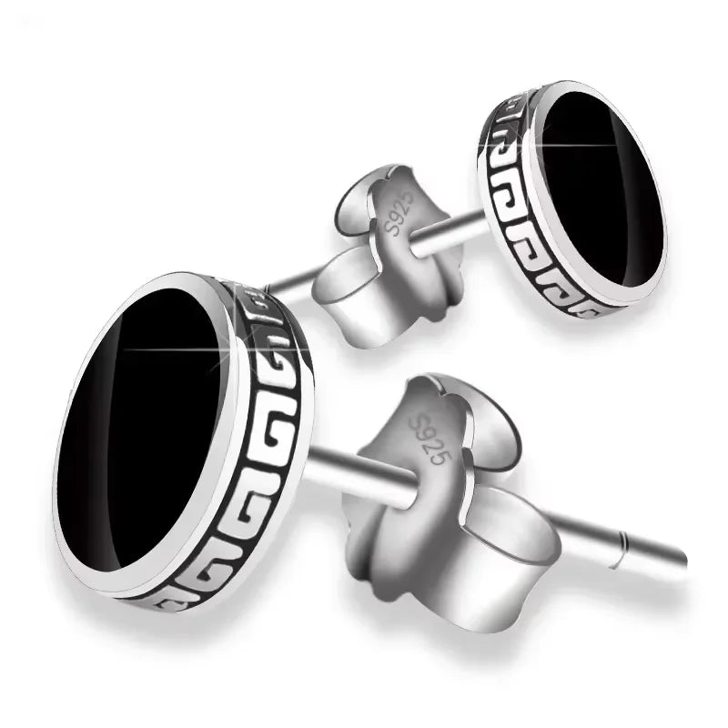 925 Silver Earrings Men Black Circle Single Simple Luxury Earring close-up view