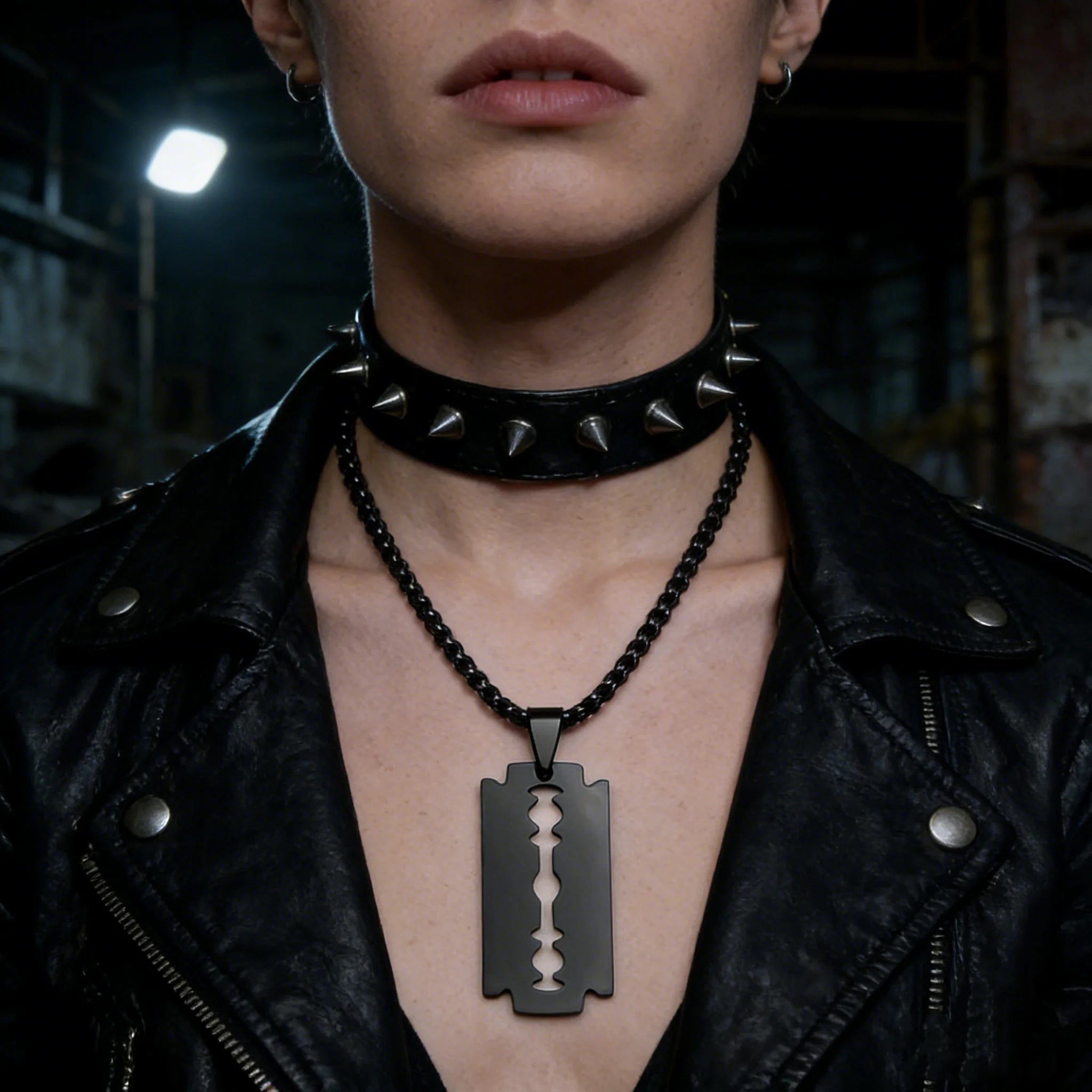 Gothic Blade Razor Pendant Necklace | Stainless Steel Black Goth Men's Chain close-up view