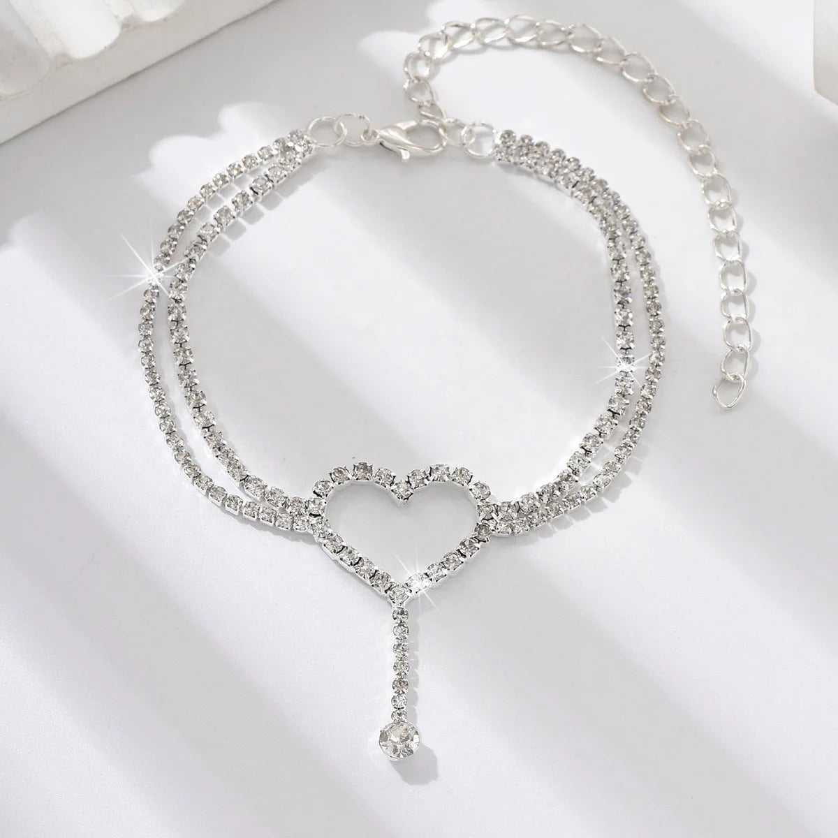 Shiny Bling Heart Drop Tassel Charm Double Layer Anklet Women Beach Foot Chain Vacati alternate view