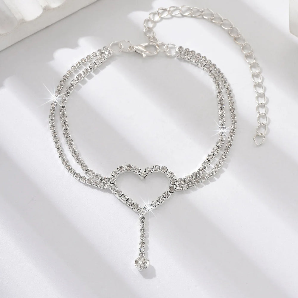Shiny Bling Heart Drop Tassel Charm Double Layer Anklet Women Beach Foot Chain Vacati alternate view