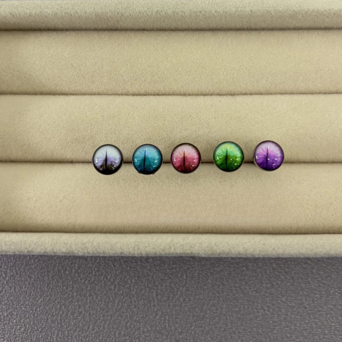 New Trendy Hypoallergenic Stainless Steel Colorful Eye Tongue Rings for Women Tongue S close-up view