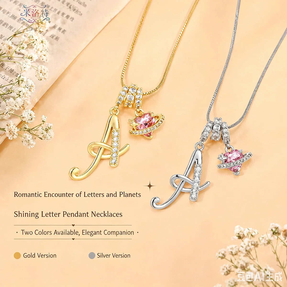 Fashion Letter Necklace for Women Pink Zircon Heart-shaped Pendant Suitable for Girls close-up view