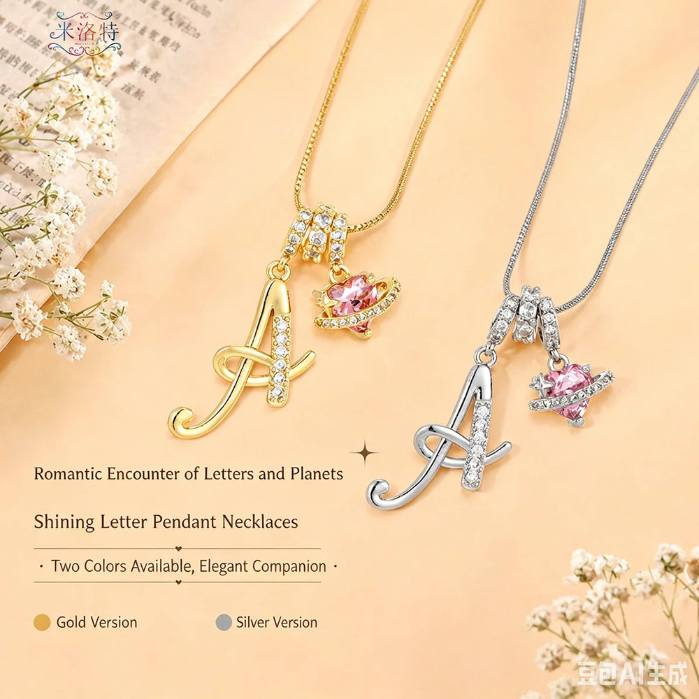 Fashion Letter Necklace for Women Pink Zircon Heart-shaped Pendant Suitable for Girls close-up view