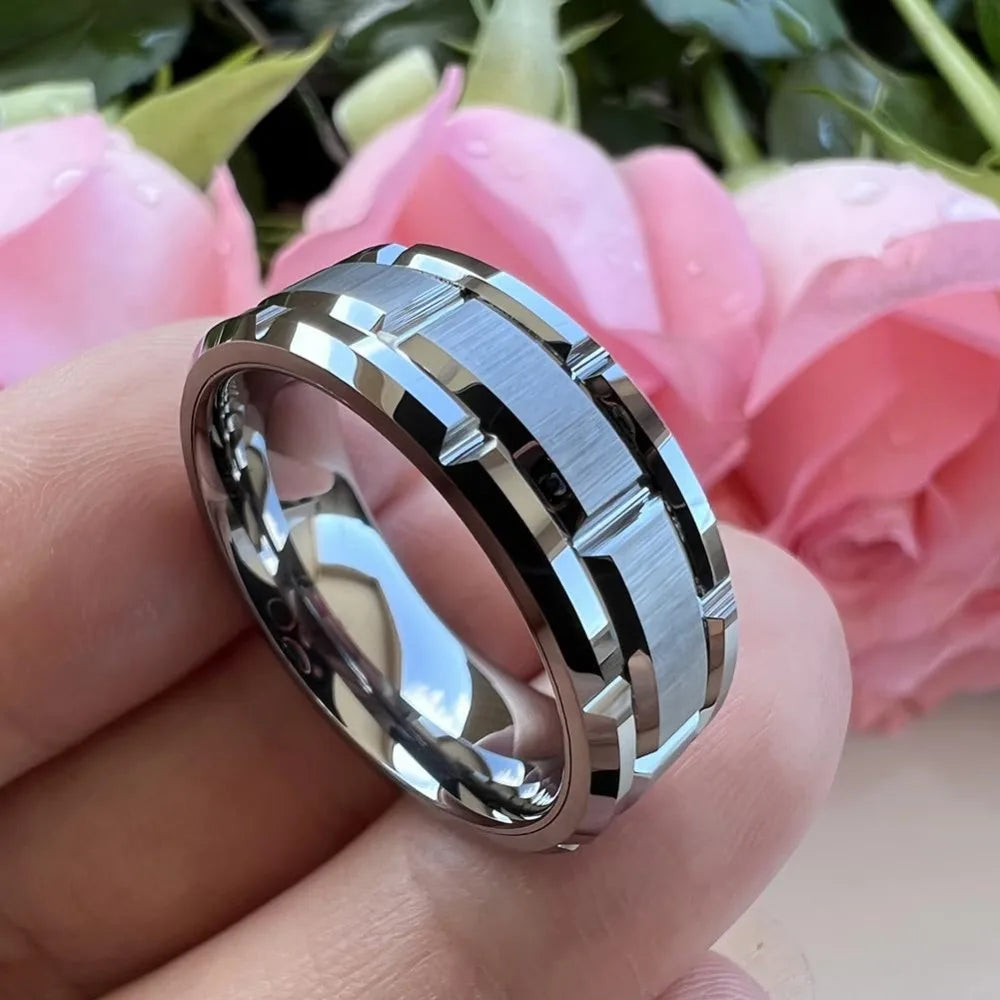 8MM Simple Silver Color Matte Men's Jewelry Groove Stainless Steel Rings Women Wedding B detail view