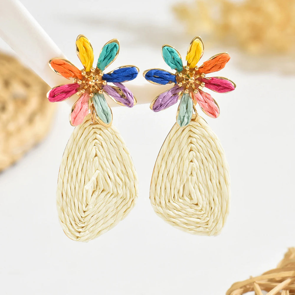 Bohemian Raffia Flower Drop Earrings | Handmade Summer Jewelry lifestyle view