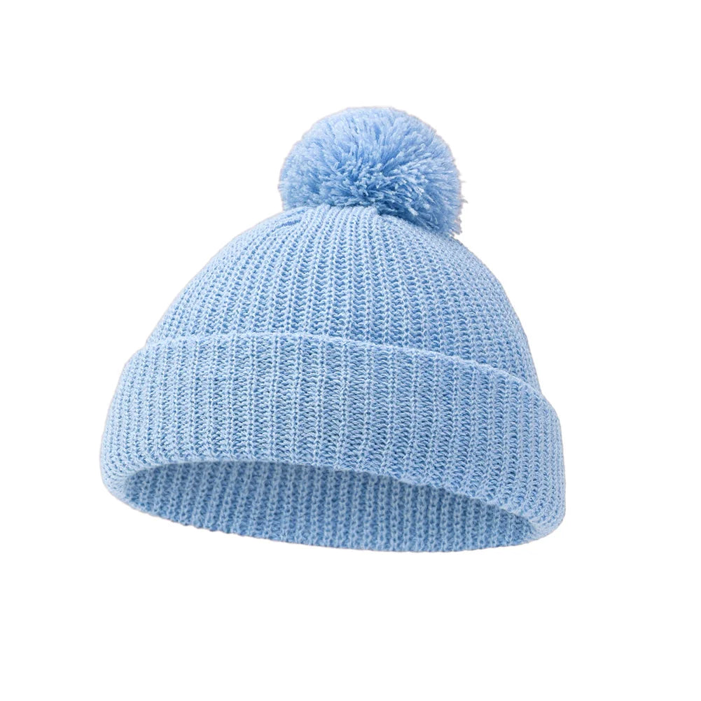 Solid Pom Knitted Baby Beanie | Newborn Infant Winter Hat detail view